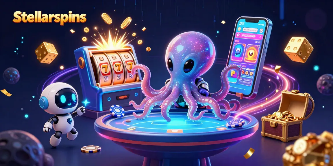 Engage with stellarspins in this vibrant 3D casino scene featuring an alien octopus and dynamic gaming elements.