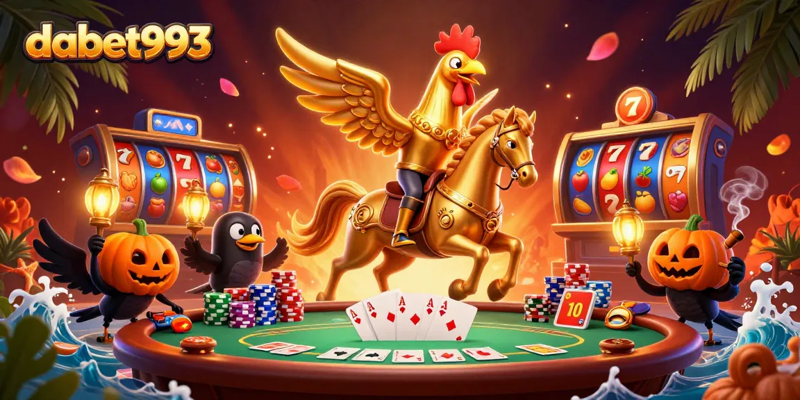 DABET993 features an exciting scene with unique 3D characters in a vibrant casino setting, showcasing poker dynamics.