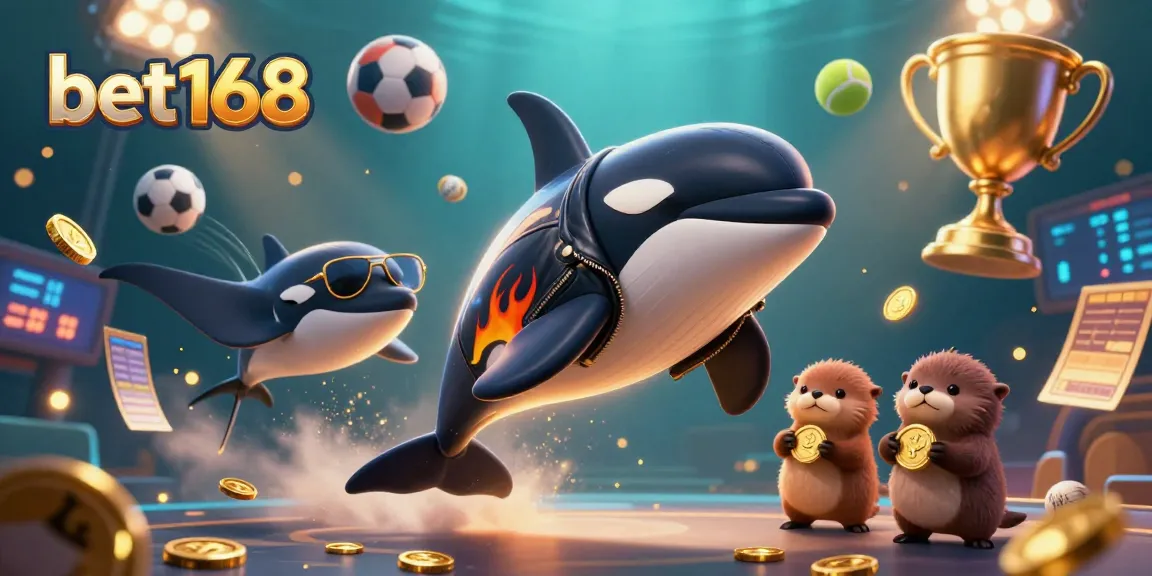 Win with bet168 as the cartoon orca and friends celebrate gambling success underwater with dynamic sports elements.