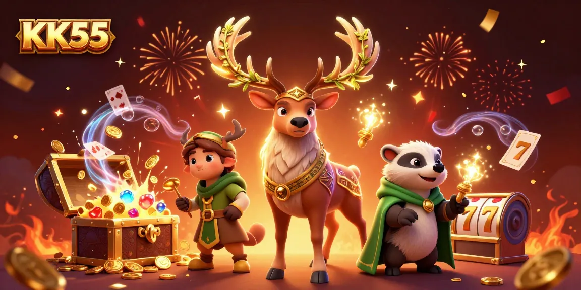 KK55 players enjoying exciting slot games with vibrant fantasy elements and dazzling treasure.