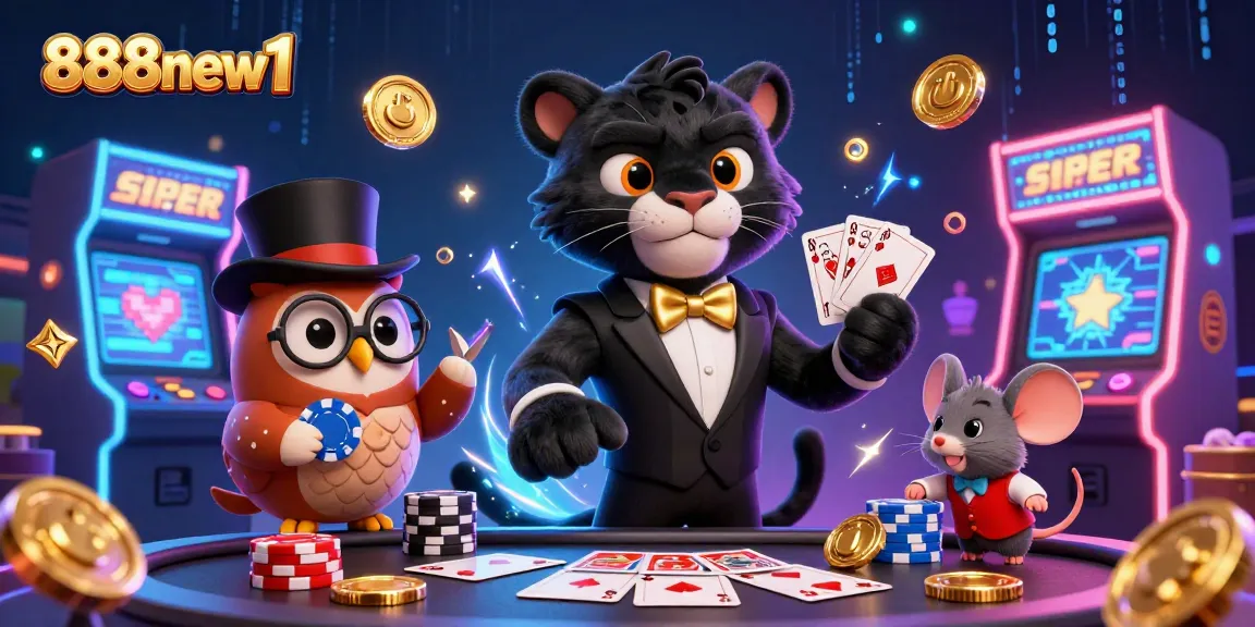 Join the excitement at 888new1 with a stylish panther, owl, and mouse in a vibrant casino scene filled with games.