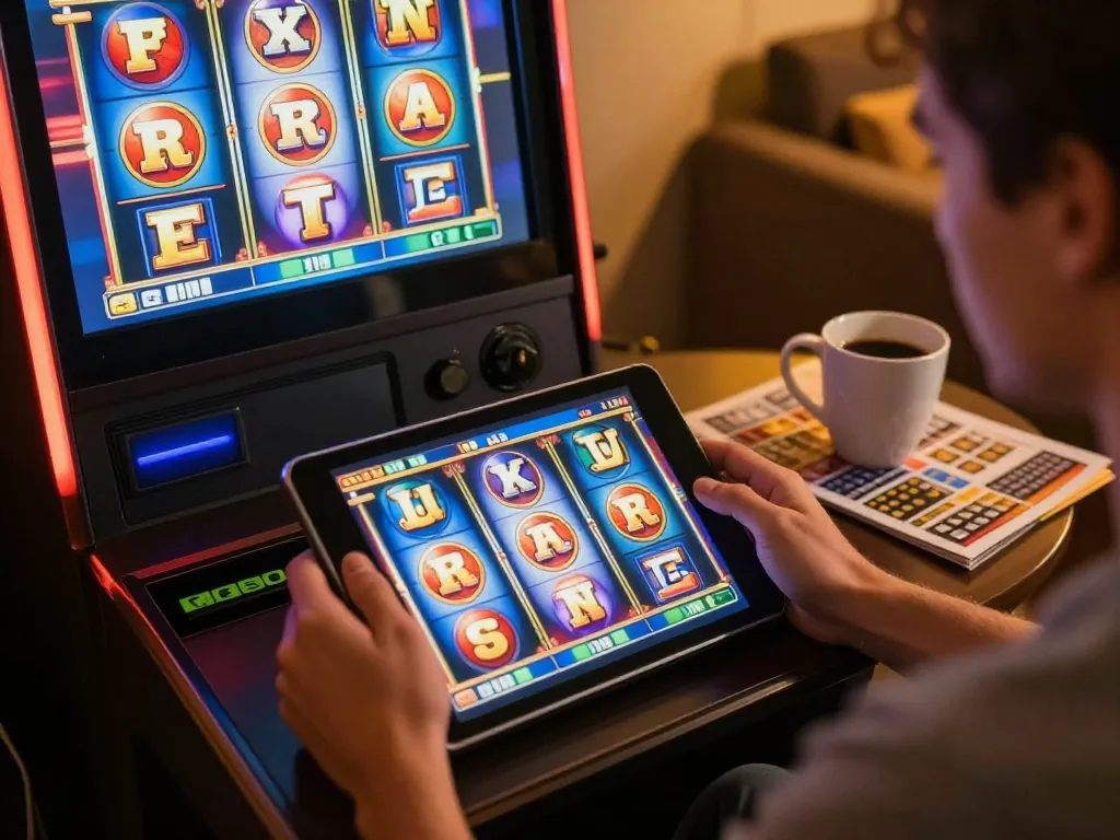 Player spinning slot pulsa game on tablet in cozy home setting with strategic elements.