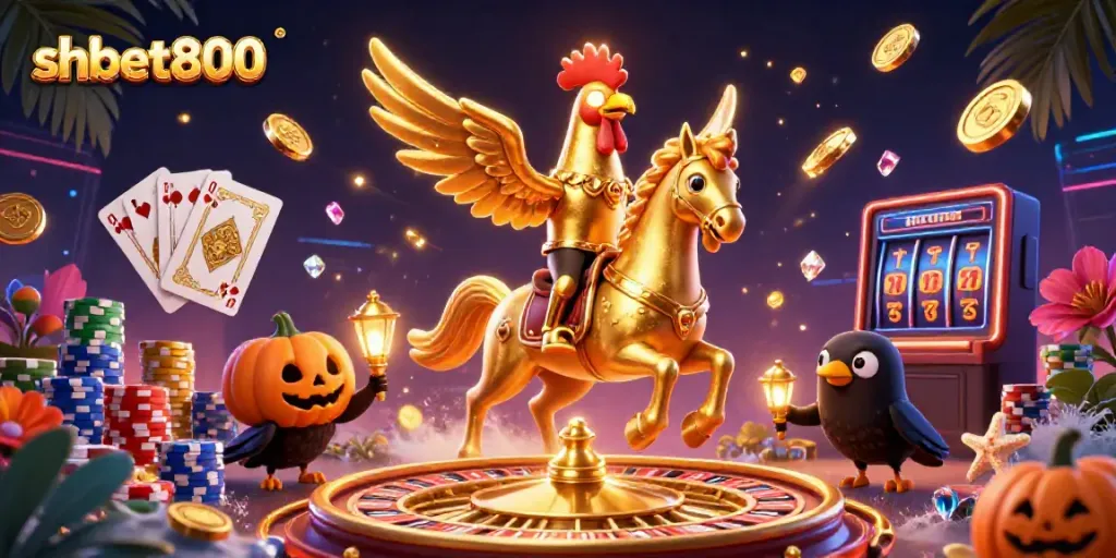 Experience the vibrant excitement of shbet800 with golden rooster and casino elements in a lively scene.