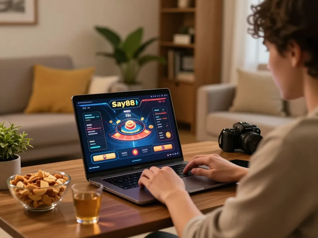 Engaged user playing poker at home with Say88 online casino interface on laptop