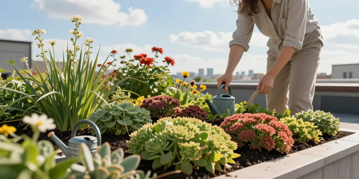 Levendige sedumdak installatie met bloeiende planten die worden verzorgd door een tuinier.