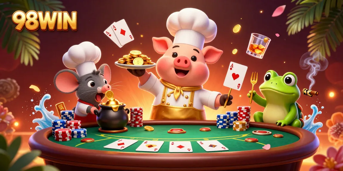 Experience the excitement of 98WIN casino with a festive illustration of games and playful characters.