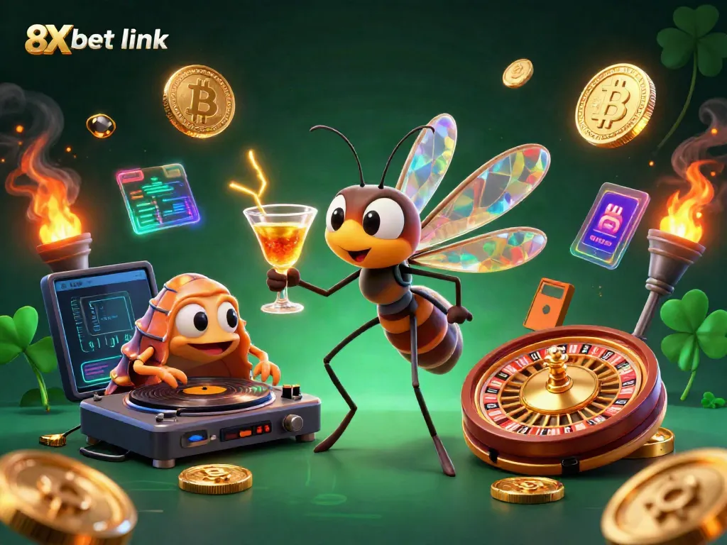 Experience the vibrant 8Xbet link atmosphere with characters and crypto elements in a dynamic casino illustration.