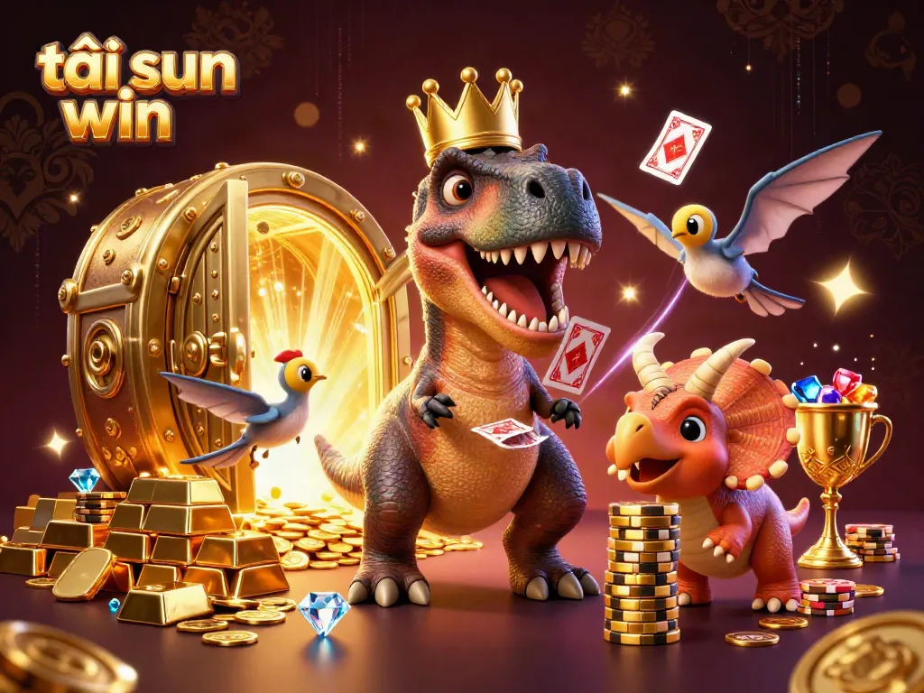 Engage in gameplay while tải sun win at this vibrant cartoon illustration featuring animated dinosaurs shuffling cards and stacking chips.
