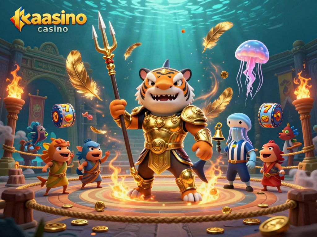 Experience thrilling gameplay at kaasino casino with a powerful trident-wielding shark amidst vibrant slot reels.
