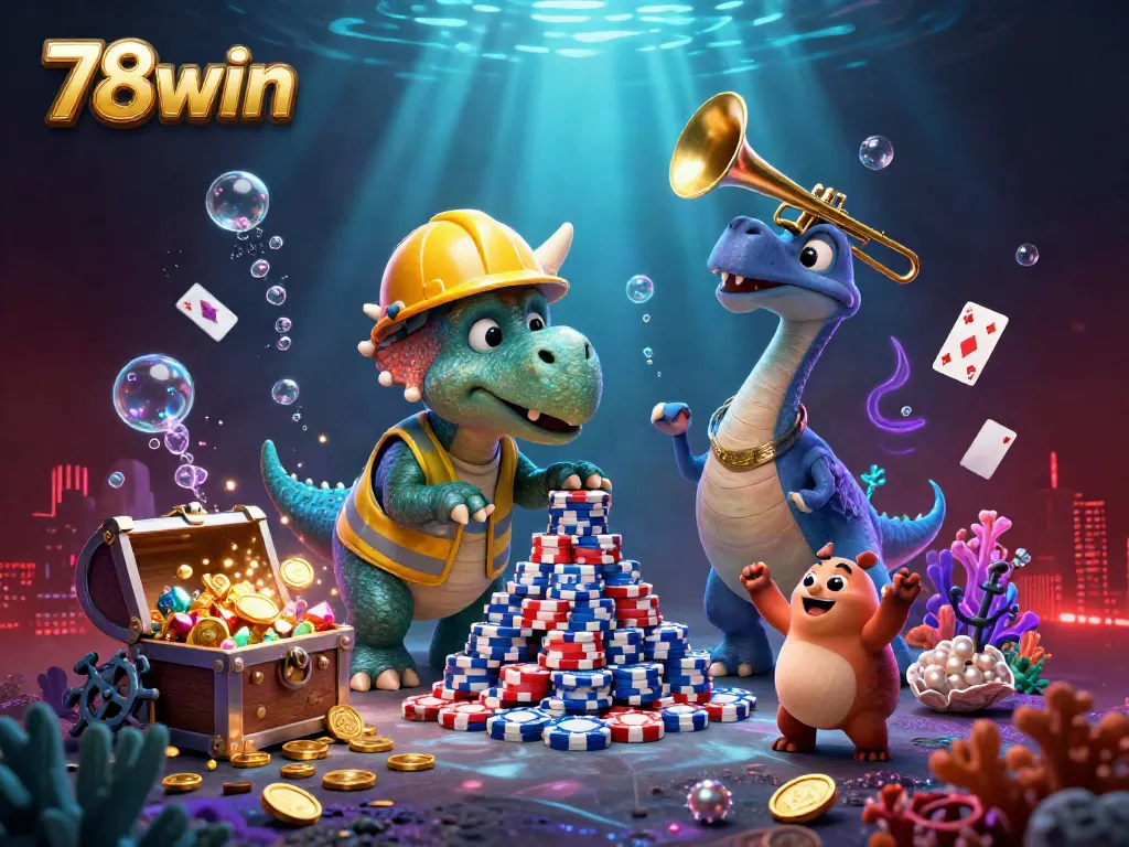 Experience thrilling celebrations with 78win in this vibrant and dynamic underwater casino scene featuring spirited dinosaurs.
