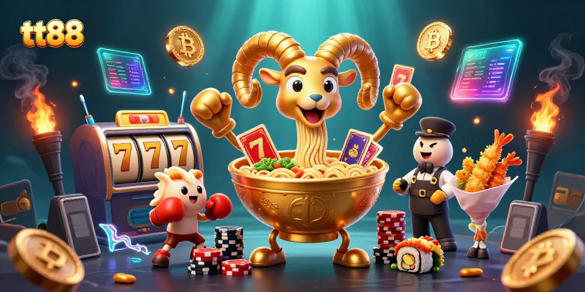 Experience the thrill of tt88 with vibrant casino elements, golden ramen bowl dealer, and crypto coins.