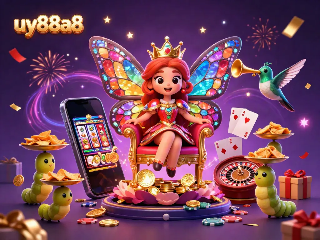 Engage in vibrant gameplay with uy88a8; featuring a butterfly queen, slot games, and rich casino elements.