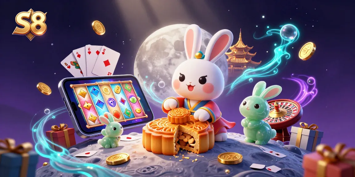 Engage with S8's thrilling casino world featuring a moon rabbit unveiling poker chips amidst vibrant gaming elements