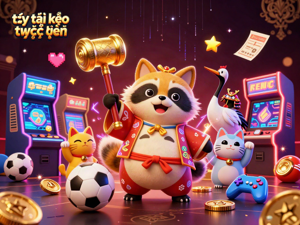 Bet on tỷ lệ kèo trực tuyến with a cheerful tanuki and fortune cats in a vibrant casino setting.