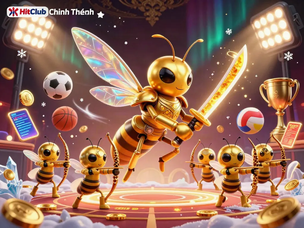 HitClub Chính Thức featuring a samurai hornet and bee archers in an energetic casino setting.