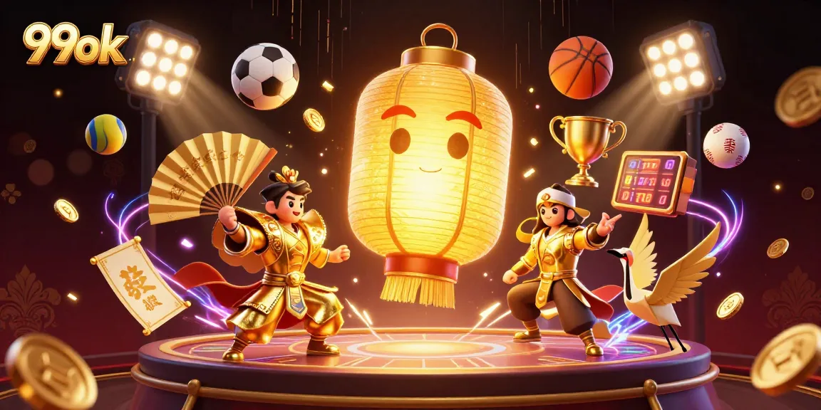 Win big at 99ok with vibrant casino-themed illustration full of exciting gaming elements.
