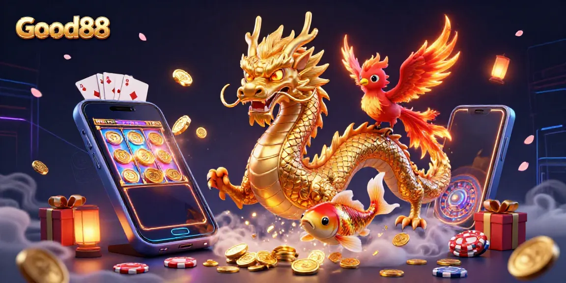 Experience the magical world of Good88 with a dragon, phoenix, and koi fish in a vibrant casino scene.
