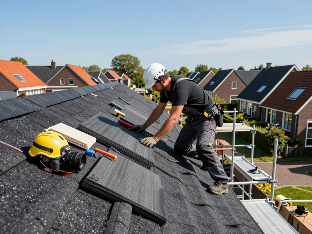 Expert dakdekker Naarden installeert efficiënt bitumen daken op een huis, met kwaliteitsmaterialen en vakmanschap.