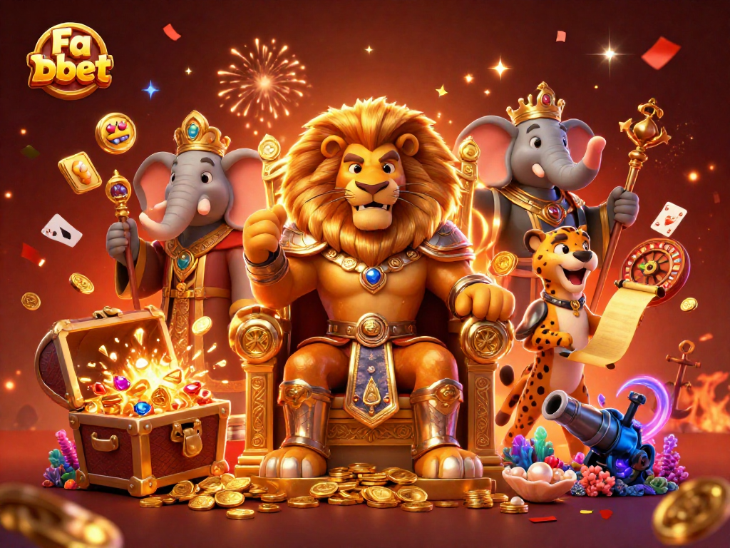 Experience the excitement of Fa bet with the lion king and friends in a vibrant casino scene.