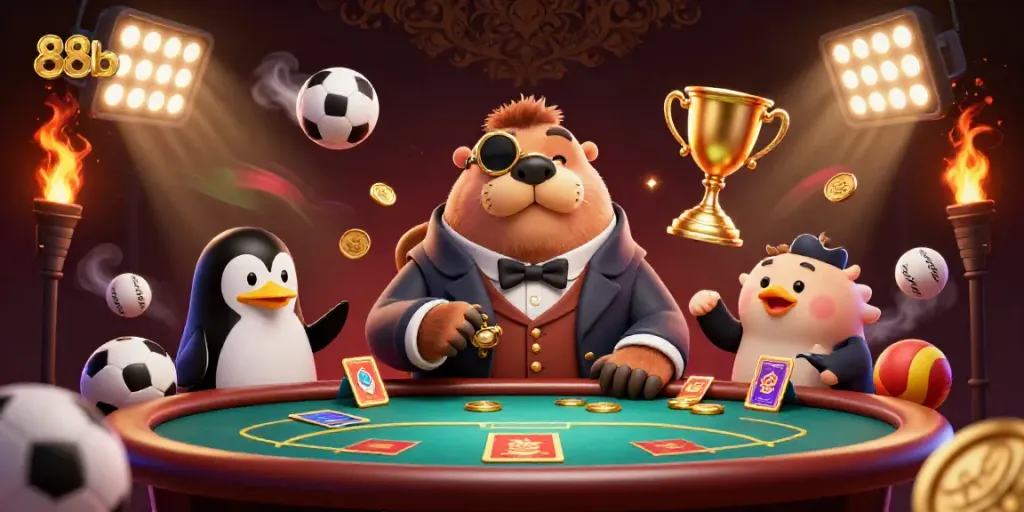 Participate in thrilling underwater poker with 888b's unique jolly walrus and friends engaging in casino fun.