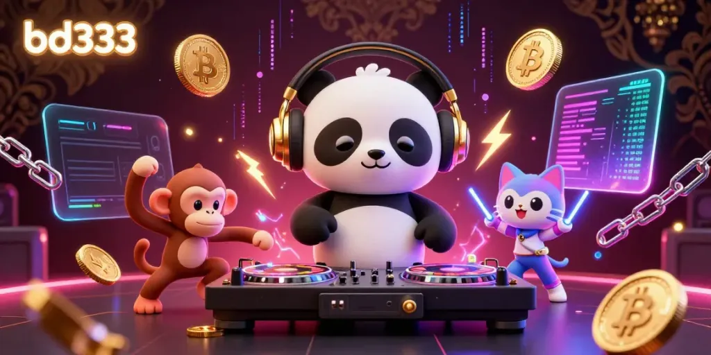 Engage with thrilling gameplay at bd333 as a DJ panda spins roulette wheels amidst a vibrant casino scene.