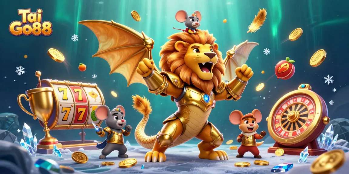 Experience Tai Go88 with vibrant slot elements and a roaring chimera amidst casino excitement.