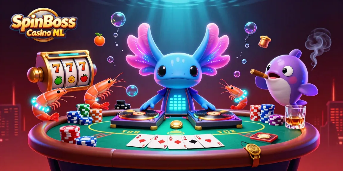 Engage in lively gameplay with SpinBoss Casino NL's neon-themed casino scene featuring vibrant characters and dynamic elements.