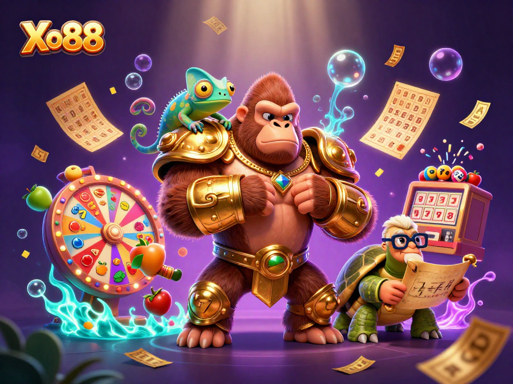Xo88 offers thrilling casino experiences with a dynamic illustration of a gorilla, chameleon, and tortoise amidst gambling elements.