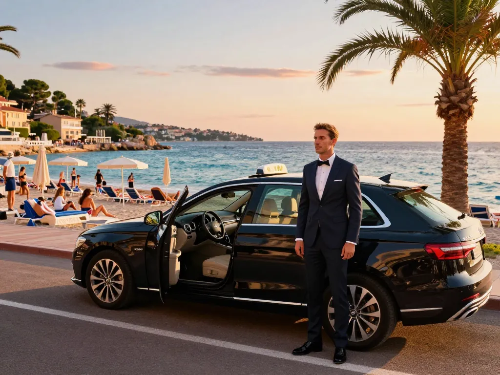 Taxi St Tropez sur une plage pittoresque avec un chauffeur luxueux et un coucher de soleil chaleureux.
