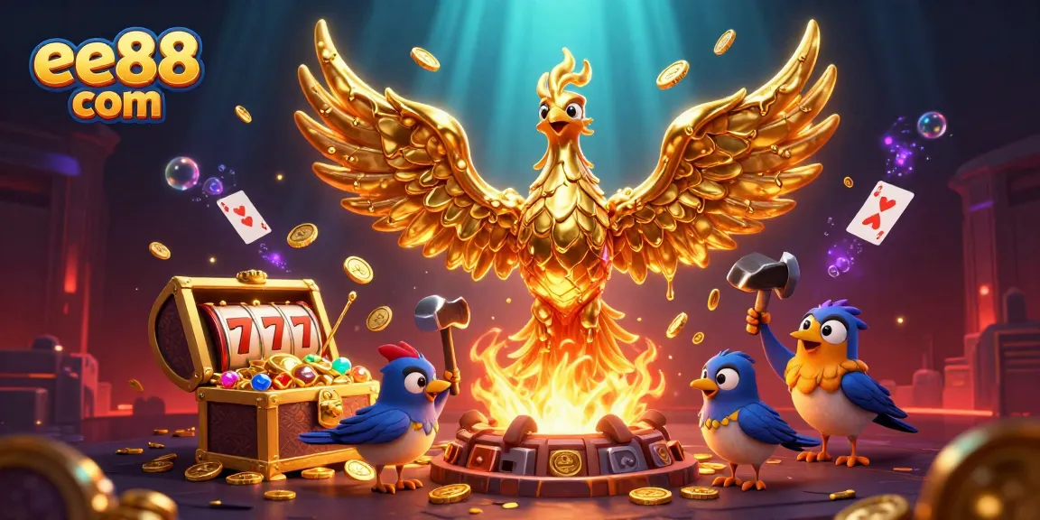 Experience the thrill of ee88 com with a vivid 3D illustration of a golden phoenix and casino elements.