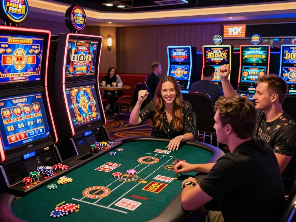 Experience the thrill of online gaming with MM88, featuring vibrant casino scenes with players enjoying games and exciting wins.