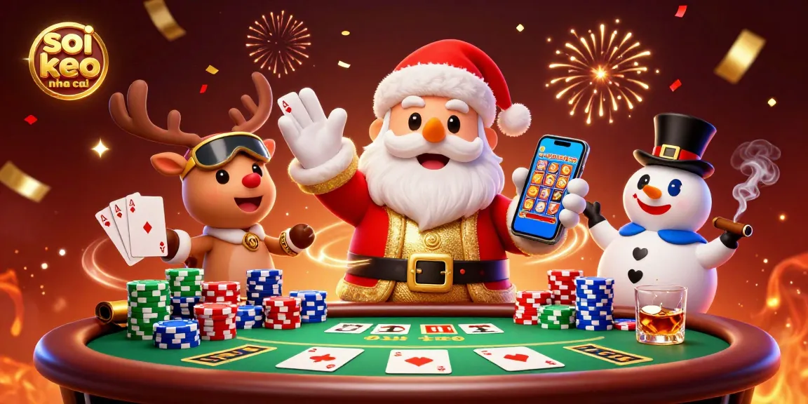 Engage in thrilling soi keo nha cai with Santa Claus and casino characters in a vibrant 3D scene.