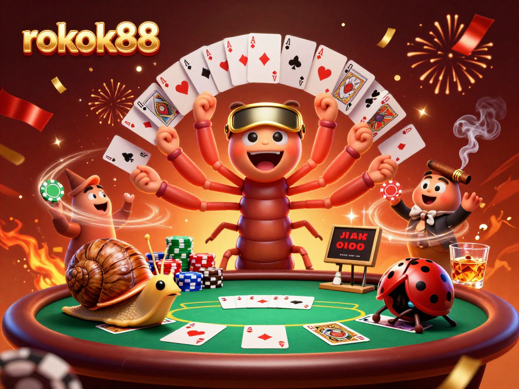 Engage in thrilling gameplay at rokok88 with an exciting poker scene featuring playful characters and colorful game elements.