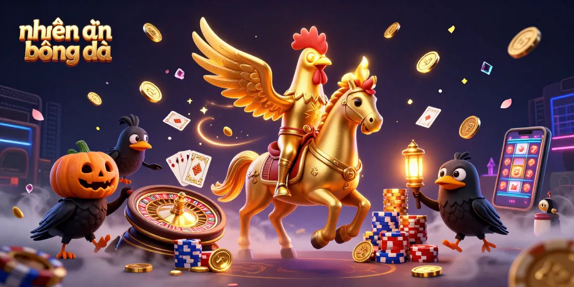 Engage with nhận định bóng đá using sports balls, trophy, and betting slips in this vibrant 3D casino scene.