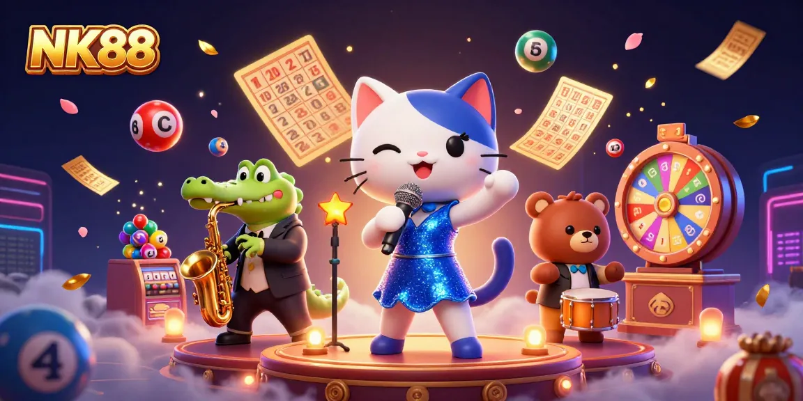 Join NK88 for a chance to win big with colorful lottery elements and vibrant casino characters.
