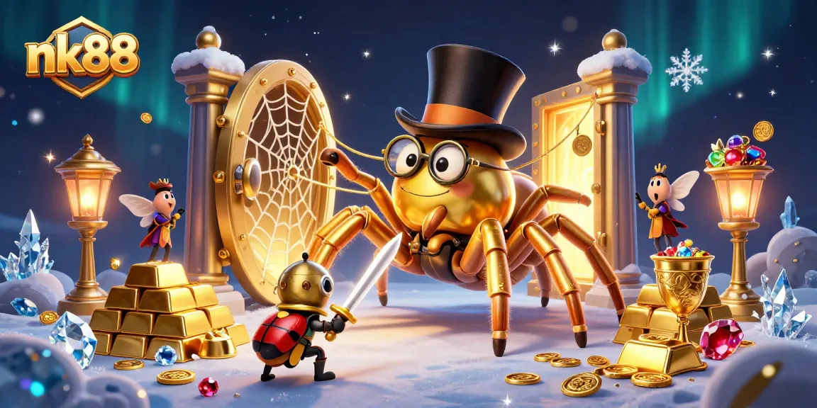Game for riches at nk88 with a golden tarantula, beetle knight, and treasures.