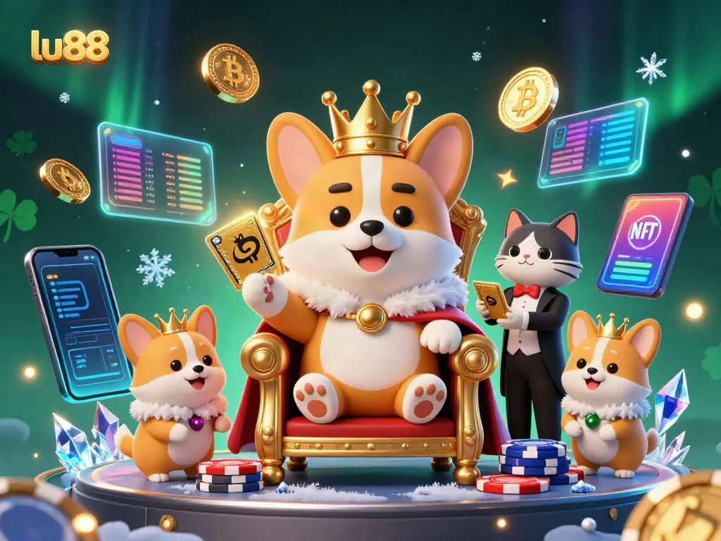 Experience the thrill of lu88 entertainment with a royal corgi surrounded by vibrant casino symbols.