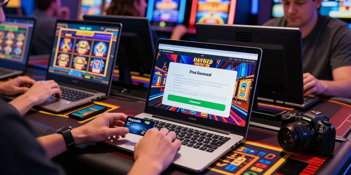 Spieler nutzt Paysafe-Kartencasino für eine sichere, anonyme Einzahlung an einem Online-Gaming-Tisch, lebhafte Atmosphäre mit bunten Spielautomaten.