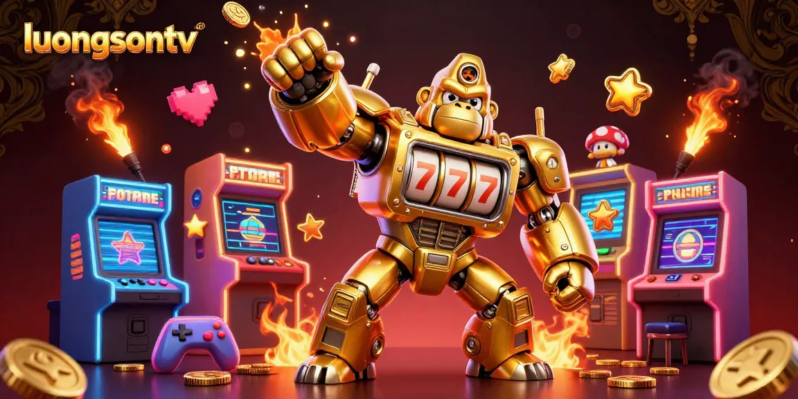 Experience thrilling wins at luongsontv with an explosive golden gorilla mech celebrating success in a vibrant gambling scene.