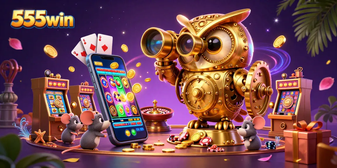 Experience the thrill of 555win's gaming world with a vibrant 3D casino illustration featuring a golden owl and dynamic game elements.