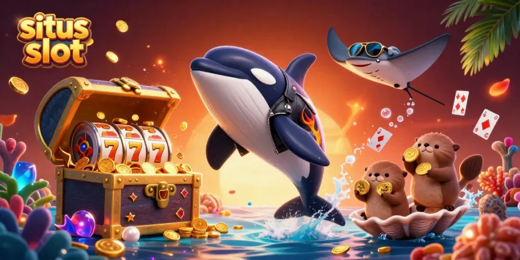 Explore exciting gameplay with situs slot, featuring an orca, stingray, and otters in a vibrant scene.