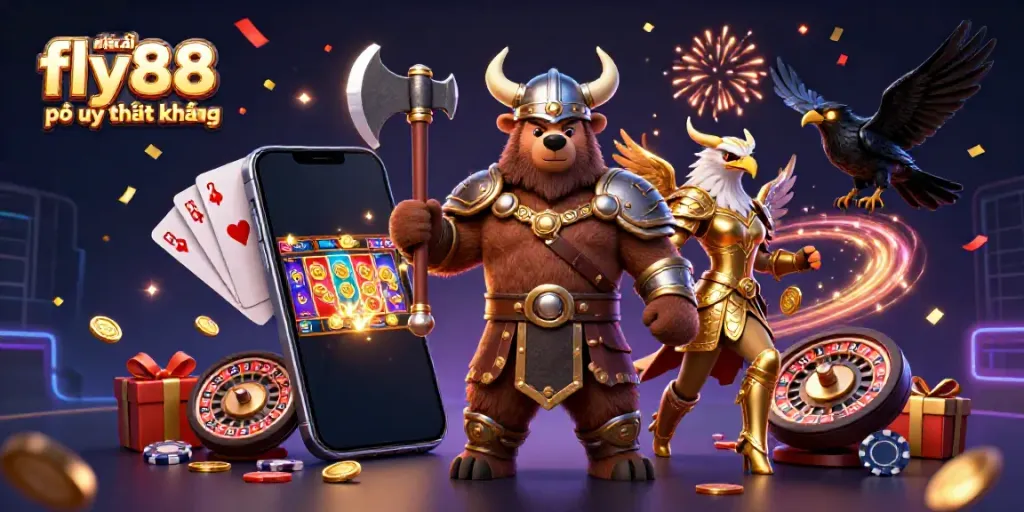 Engaging scene showing characters with "nhà cái fly88 có uy tín không" amidst vibrant casino elements.