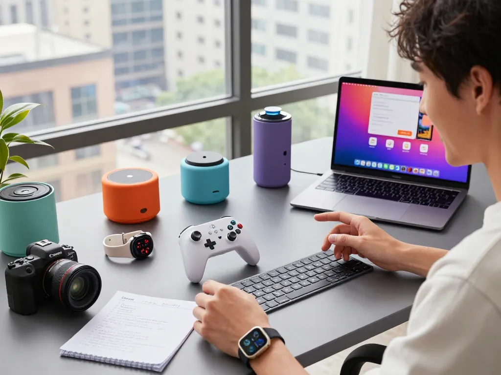 Exploring cool tech gadgets under $120 with a vibrant workspace, innovative tools, and a tech-savvy atmosphere.