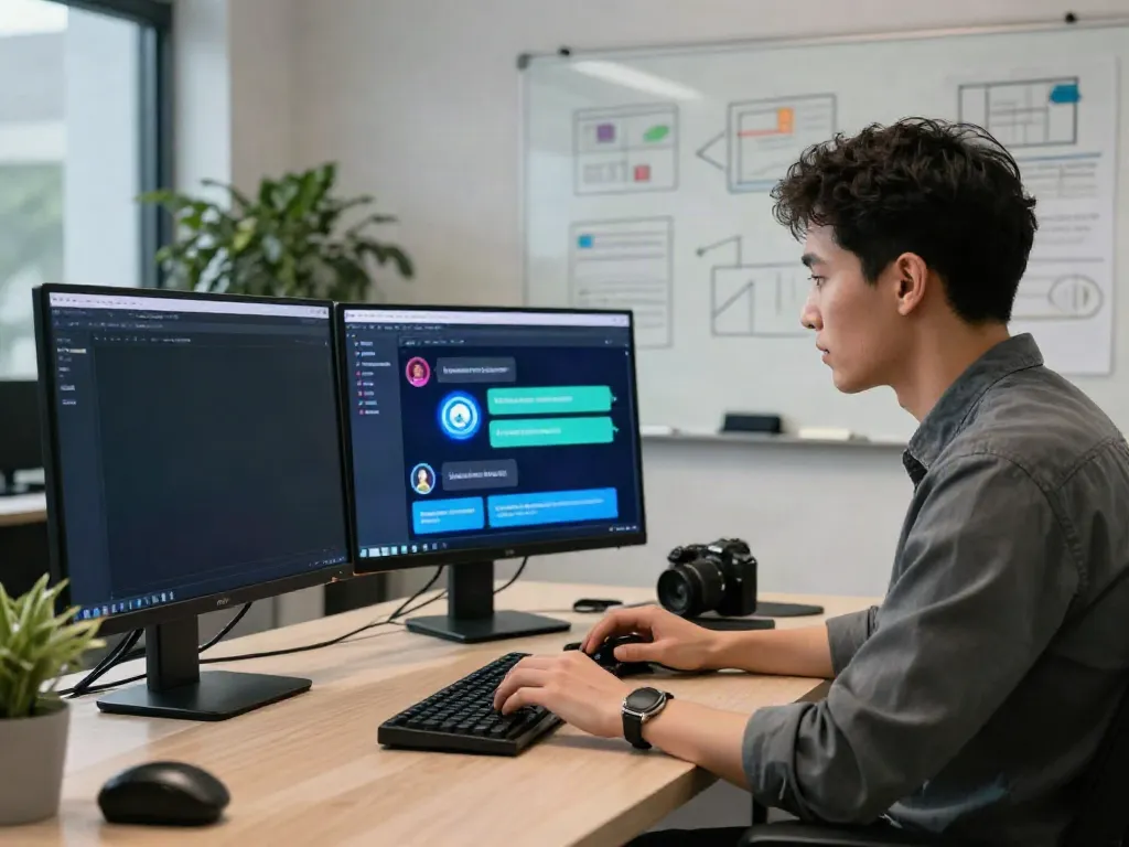 Dynamic unfiltered AI chat scene in a modern workspace with vibrant tech elements