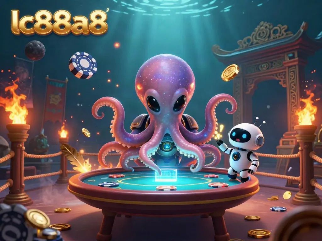Experience thrilling gameplay with lc88a8 as a cartoon alien octopus plays holographic poker amid dazzling cosmic effects.