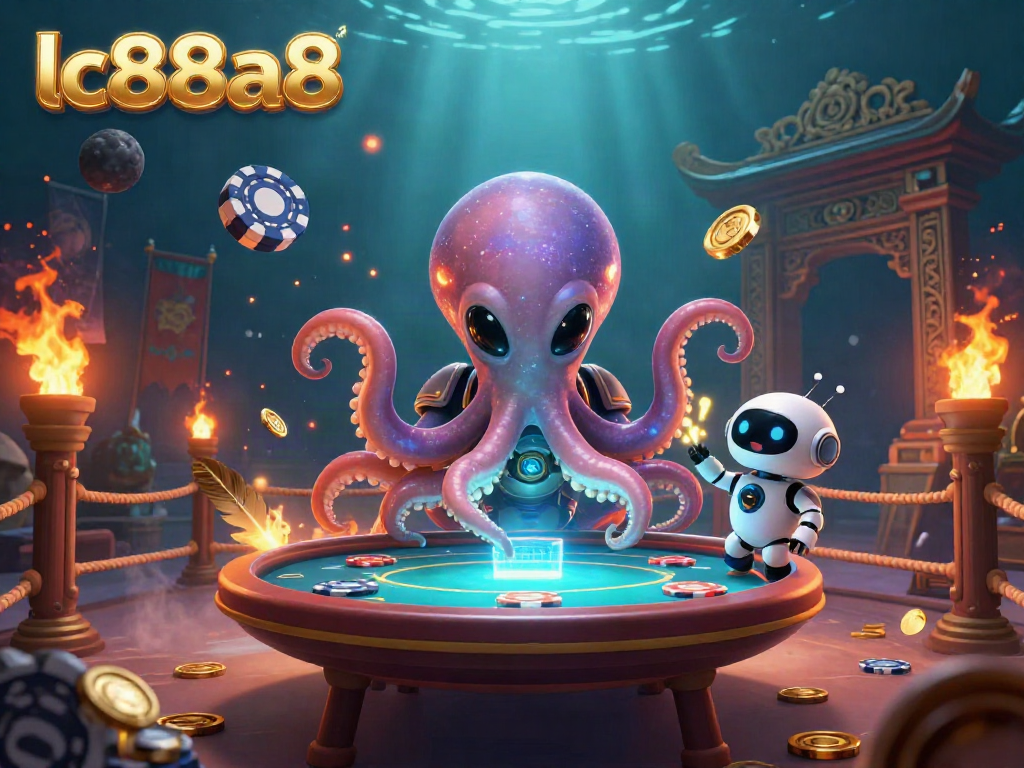 Experience thrilling gameplay with lc88a8 as a cartoon alien octopus plays holographic poker amid dazzling cosmic effects.
