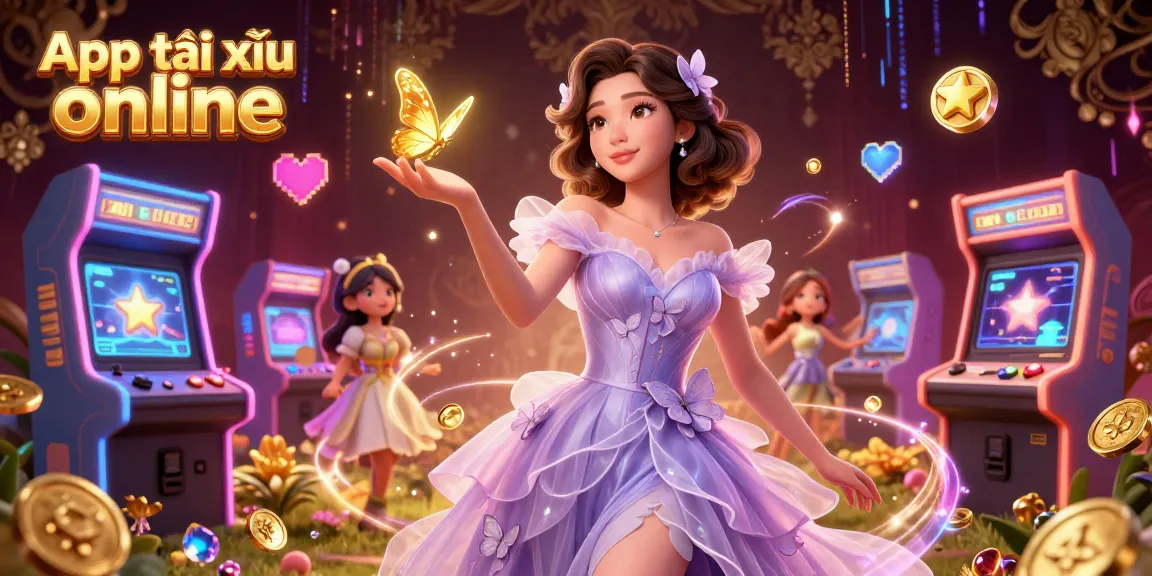 Engage with the App tài xỉu online, featuring a stunning Asian woman in a magical setting surrounded by colorful gaming elements.