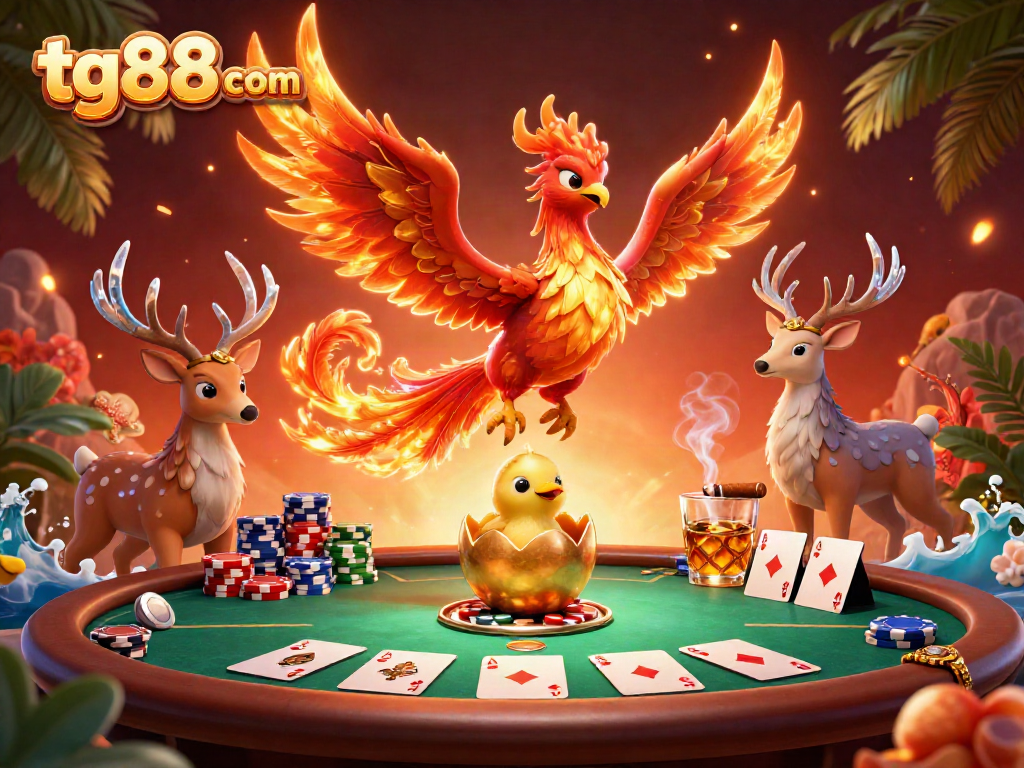Join the excitement of tg88 com with a vibrant 3D artwork of a mystical phoenix, poker elements, and casino thrills.