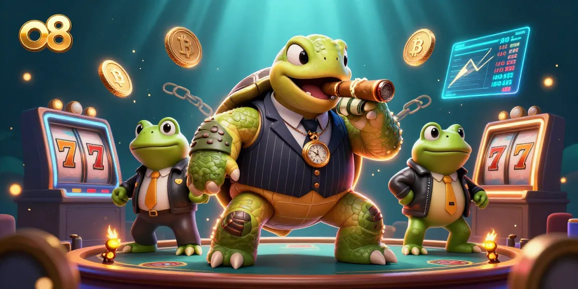 Experience thrilling casino action with o8’s vibrant 3D illustration featuring a snapping turtle and frog enforcers.