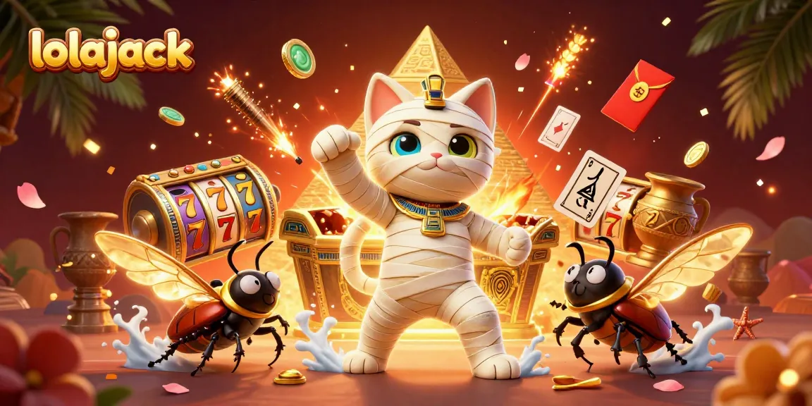 Experience the excitement of lolajack casino with a vibrant 3D illustration of a mummy cat and golden elements.